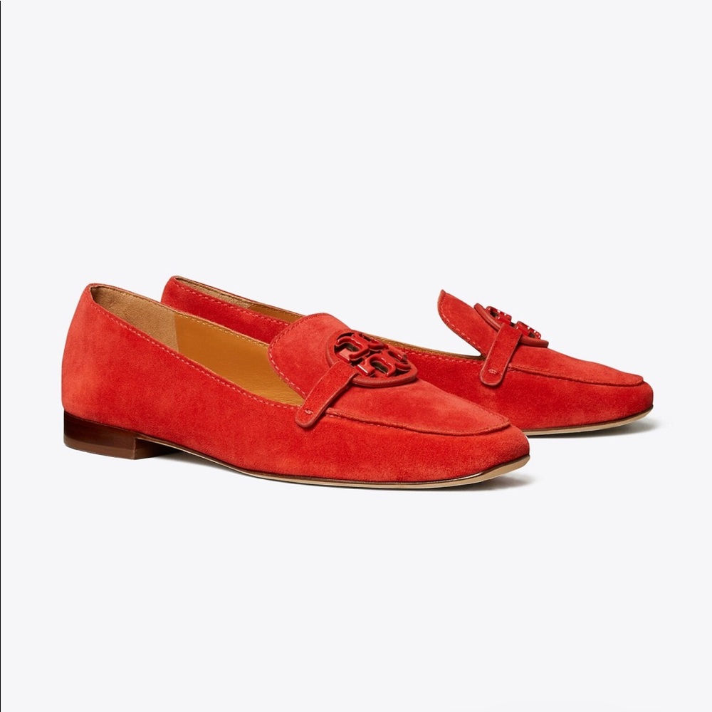 NWT / NIB Tory Burch Miller Metal-Logo Loafers, Suede, Carnelian Red, Size 9.5